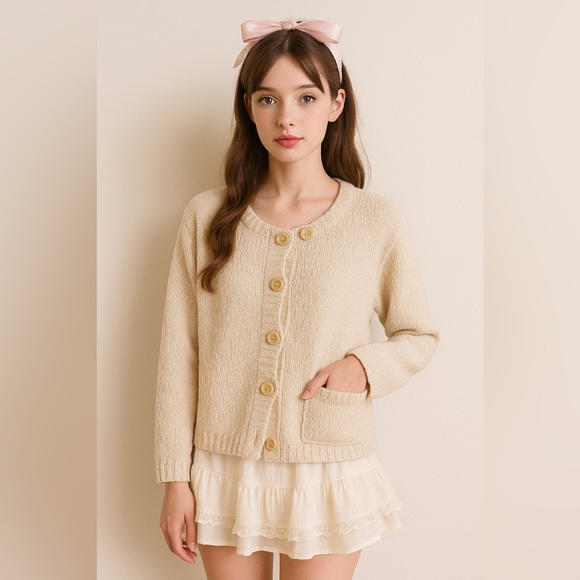 Flax Sweaters - FLAX 100% Pima Cotton Cardigan Knit‎ Sweater Size S/M Cream-Ivory Preppy Cottage